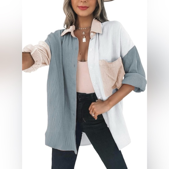 Tops - Dokotoo XL Women’s Color Block Button Down Long Sleeve Oversized Boyfriend Shirt